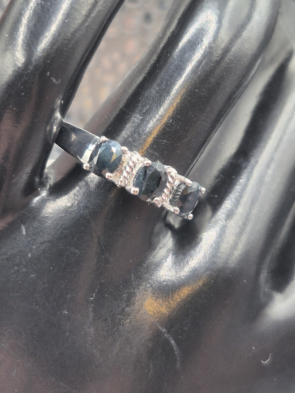 Three-Stone Silver Ring with Dark Blue Sapphire  Stones